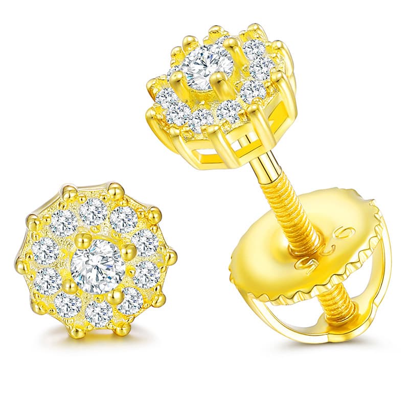 S925 VVS 2.0mm Rondaj Moissanite Vid-Orelringoj en 18K-Ora tegaĵo