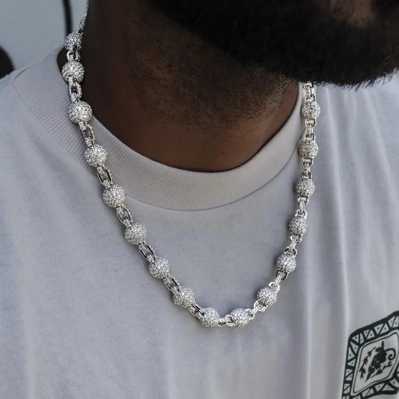 12MM Iced Ball Chain in White Gold - TONGSHOP