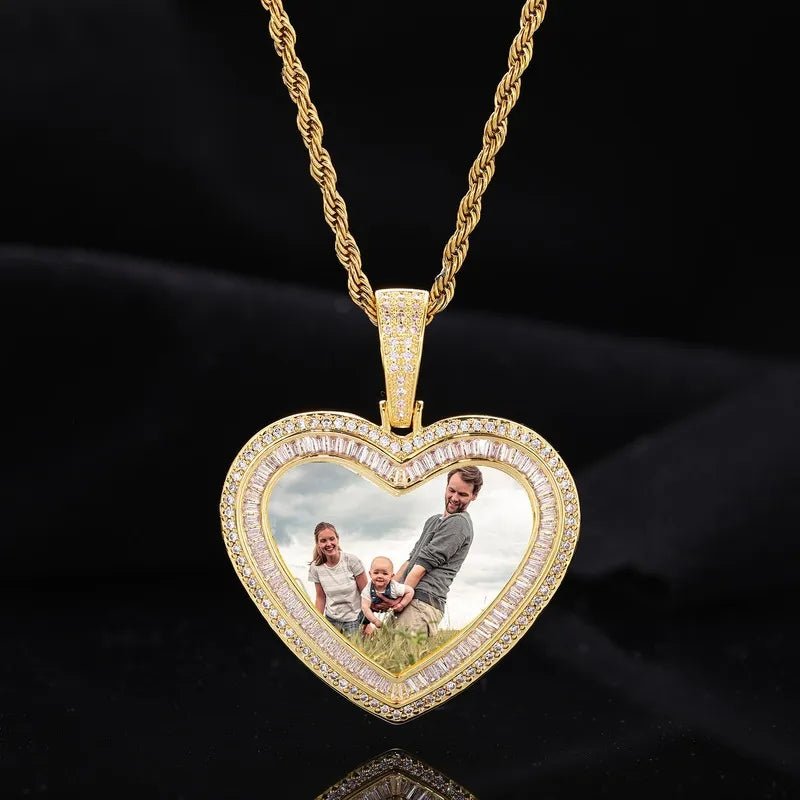 18K Gold Custom Photo Heart T - Shaped Diamond Pendant - 42mm - TONGSHOP / Length:16 / Length:18