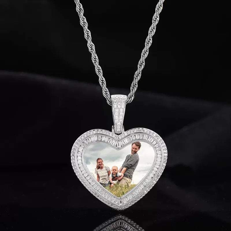 18K Gold Custom Photo Heart T-Shaped Diamond Pendant - 42mm