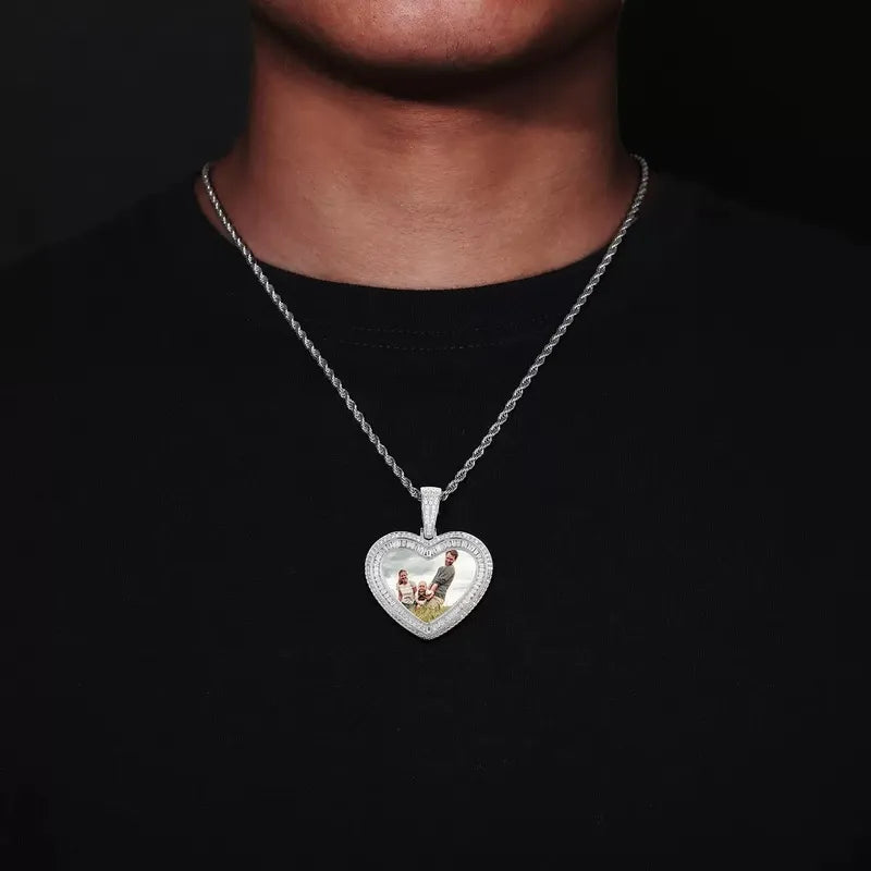 18K Gold Custom Photo Heart T-Shaped Diamond Pendant - 42mm