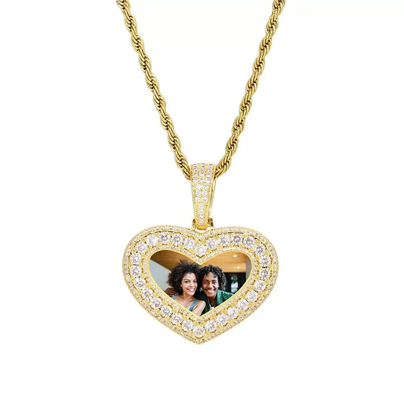 14K White Gold Customized Photo Heart Pendant - 40mm