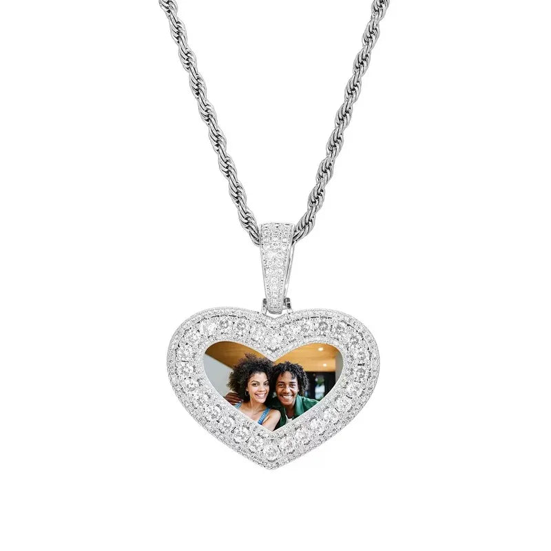 14K White Gold Customized Photo Heart Pendant - 40mm