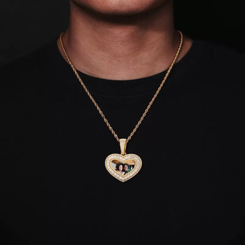 14K White Gold Customized Photo Heart Pendant - 40mm