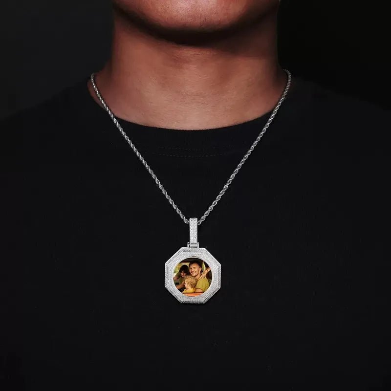 14k White Gold Custom Photo Bagua Pendant - 42mm - TONGSHOP / Color:White Gold / Length:16 / Length:18