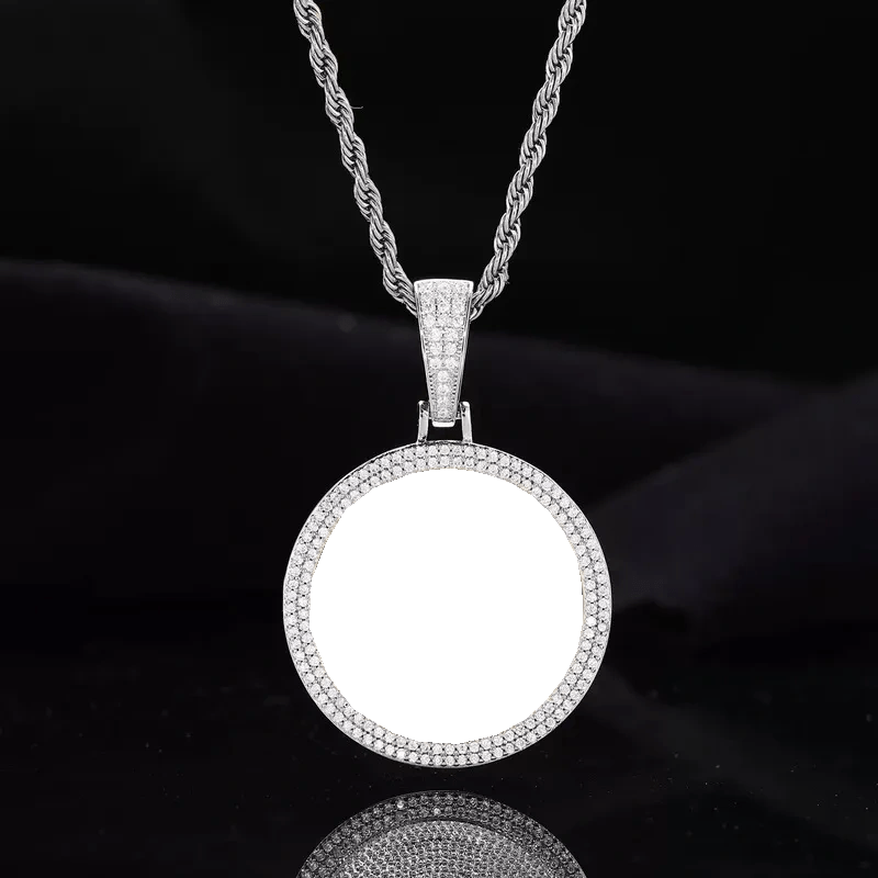 14k Gold Custom Photo Double Row Micro - Pavé Round Pendant - 37mm - TONGSHOP / Color:White Gold / Length:16 / Length:18