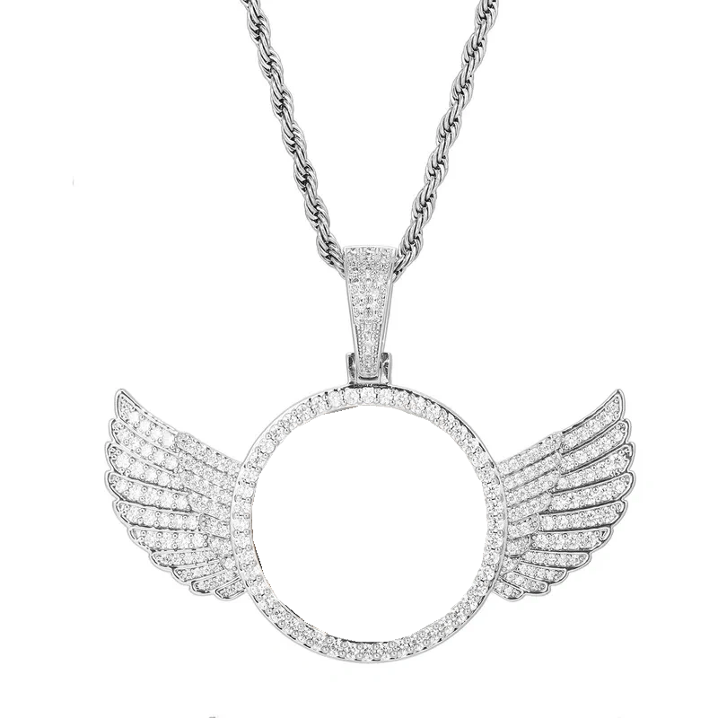 14k Gold Custom Photo Round Wing Pendant - 67mm - TONGSHOP / Color:White Gold / Length:16 / Length:18