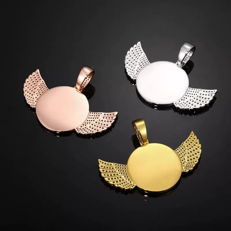 14k Gold Custom Photo Round Wing Pendant - 67mm - TONGSHOP / Color:White Gold / Length:16 / Length:18