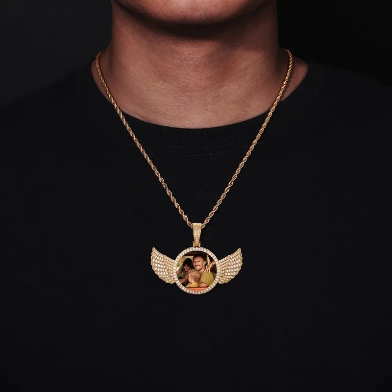 14k Gold Custom Photo Round Wing Pendant - 67mm - TONGSHOP / Color:White Gold / Length:16 / Length:18