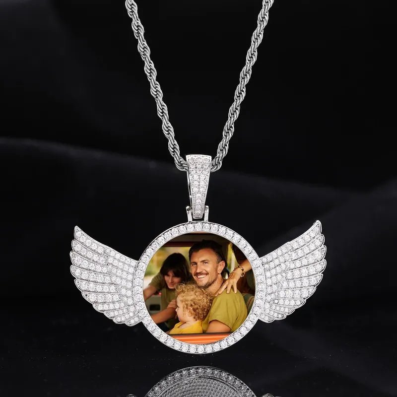 14k Gold Custom Photo Round Wing Pendant - 67mm - TONGSHOP / Color:White Gold / Length:16 / Length:18
