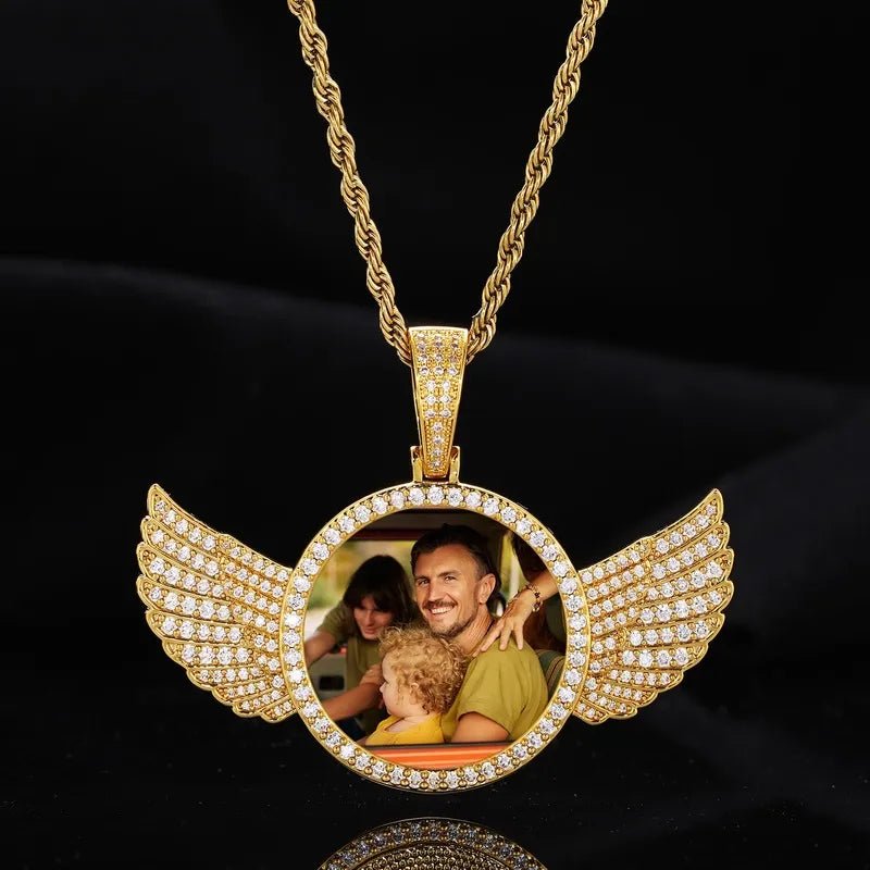 14k Gold Custom Photo Round Wing Pendant - 67mm - TONGSHOP / Color:White Gold / Length:16 / Length:18