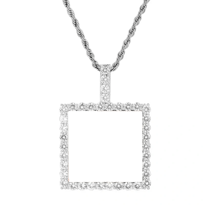 14k Gold Custom Photo Square Pendant - 40mm - TONGSHOP / Color:White Gold / Length:16 / Length:18