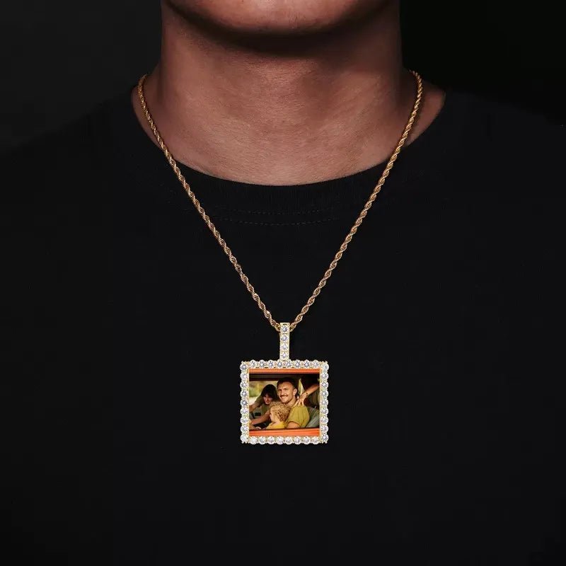 14k Gold Custom Photo Square Pendant - 40mm - TONGSHOP / Color:White Gold / Length:16 / Length:18