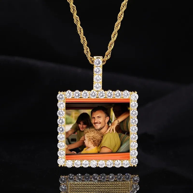 14k Gold Custom Photo Square Pendant - 40mm - TONGSHOP / Color:White Gold / Length:16 / Length:18