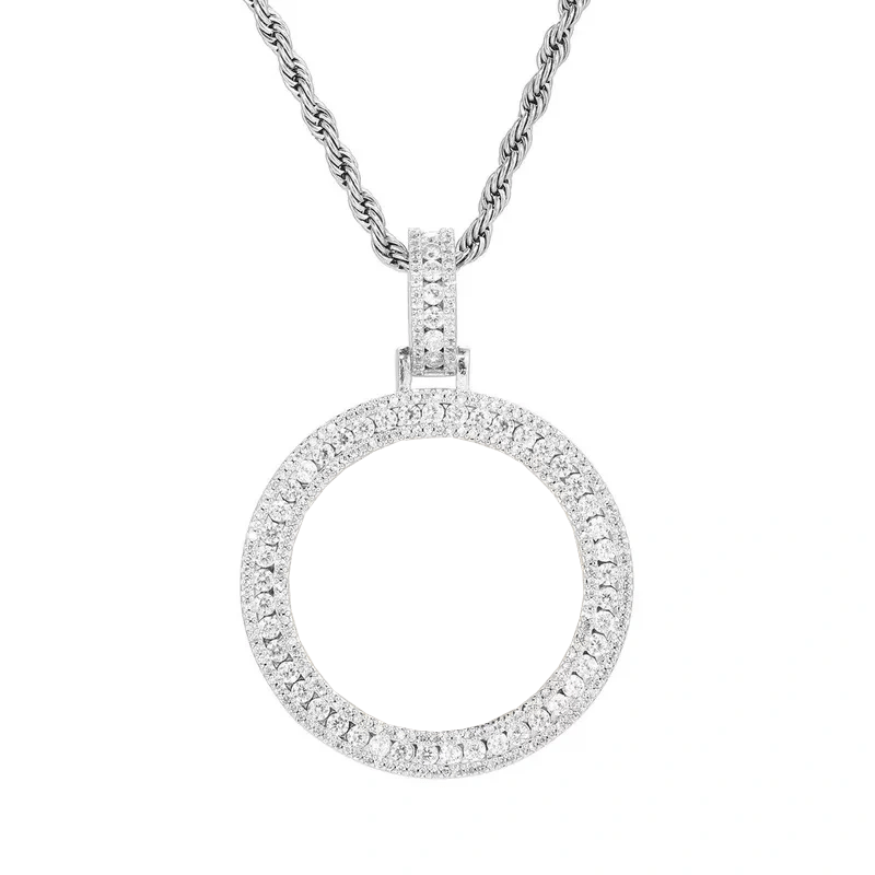 14k Gold Double Row Micro - Inlaid 3D Custom Photo Round Pendant - 40mm - TONGSHOP / Color:White Gold / Length:16 / Length:18