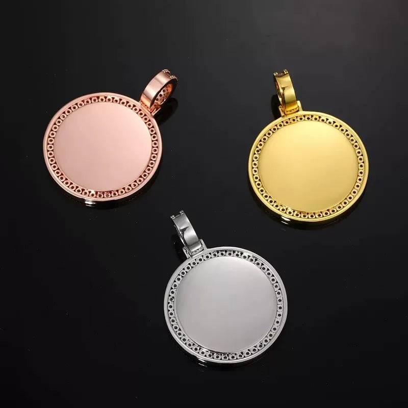 14k Gold Double Row Micro-Inlaid 3D Custom Photo Round Pendant - 40mm