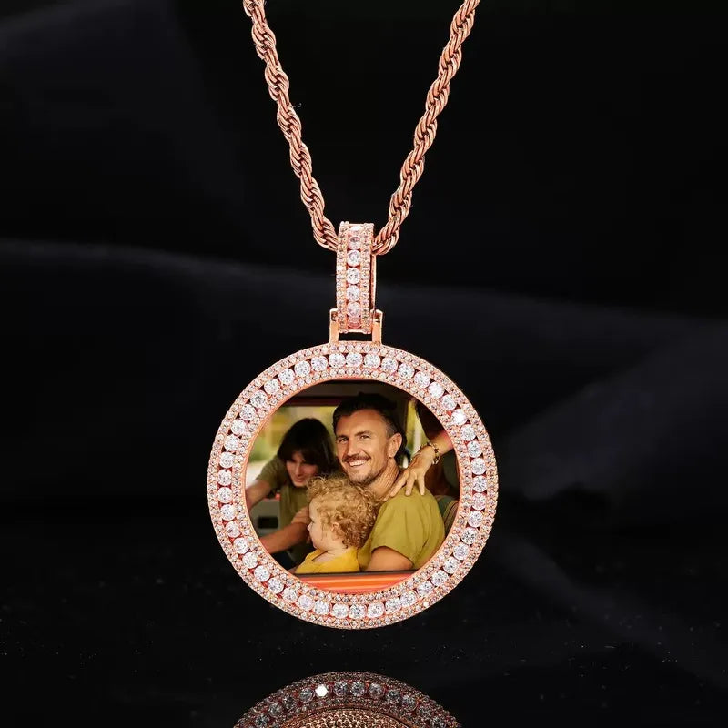 14k Gold Double Row Micro-Inlaid 3D Custom Photo Round Pendant - 40mm
