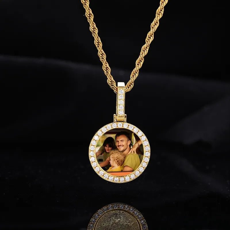 14k Gold Small Custom Photo Micro - Set Round Pendant - 25mm - TONGSHOP / Color:White Gold / Length:16 / Length:18