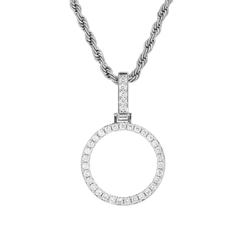 14k Gold Small Custom Photo Micro - Set Round Pendant - 25mm - TONGSHOP / Color:White Gold / Length:16 / Length:18