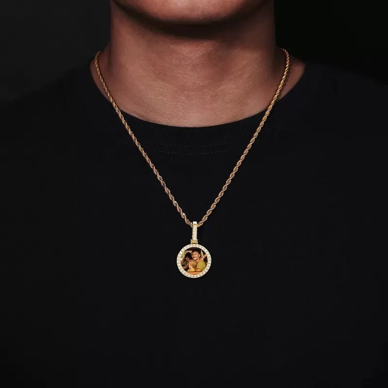 14k Gold Small Custom Photo Micro - Set Round Pendant - 25mm - TONGSHOP / Color:White Gold / Length:16 / Length:18