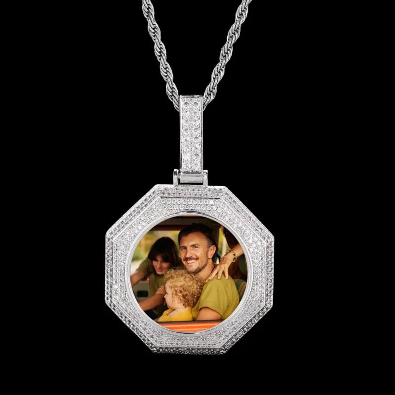 14k White Gold Custom Photo Bagua Pendant - 42mm - TONGSHOP / Color:White Gold / Length:16 / Length:18