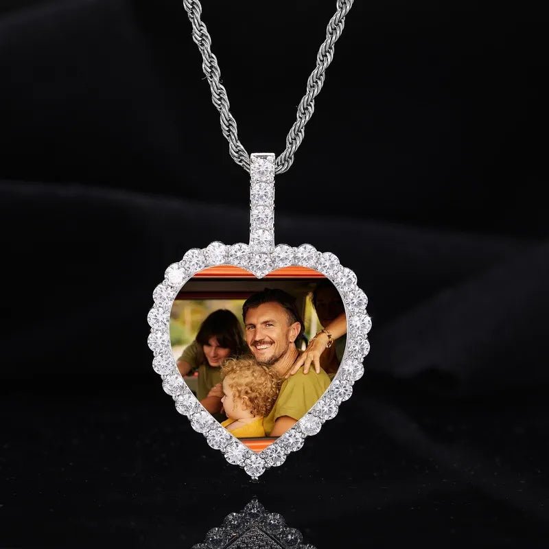 14k White Gold Custom Photo Micro - Inlaid Heart Pendant - 40mm - TONGSHOP / Length:16 / Length:18