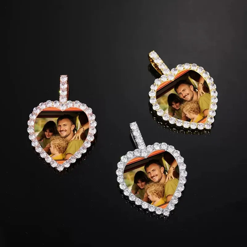 14k White Gold Custom Photo Micro-Inlaid Heart Pendant - 40mm