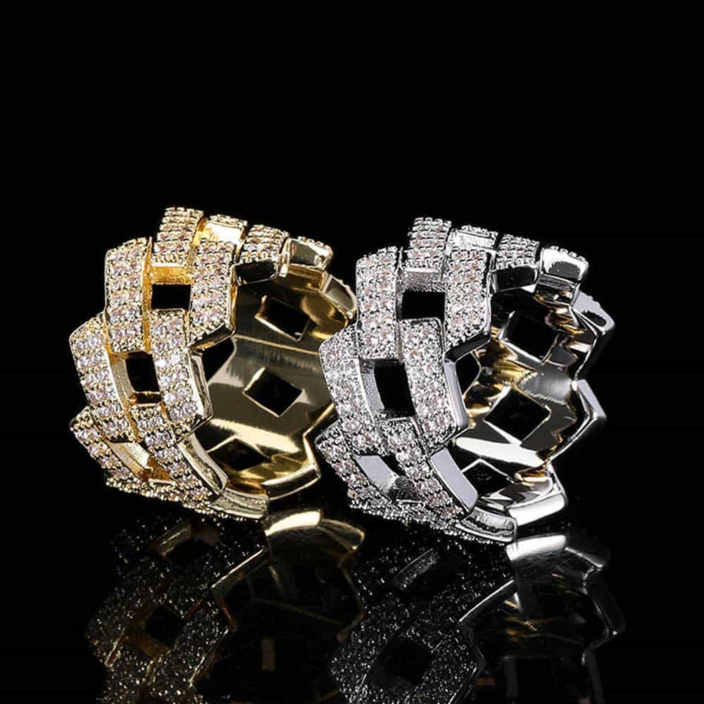 14mm Double - Row Diamond Rhombus Cuban Ring in 18K Gold - TONGSHOP