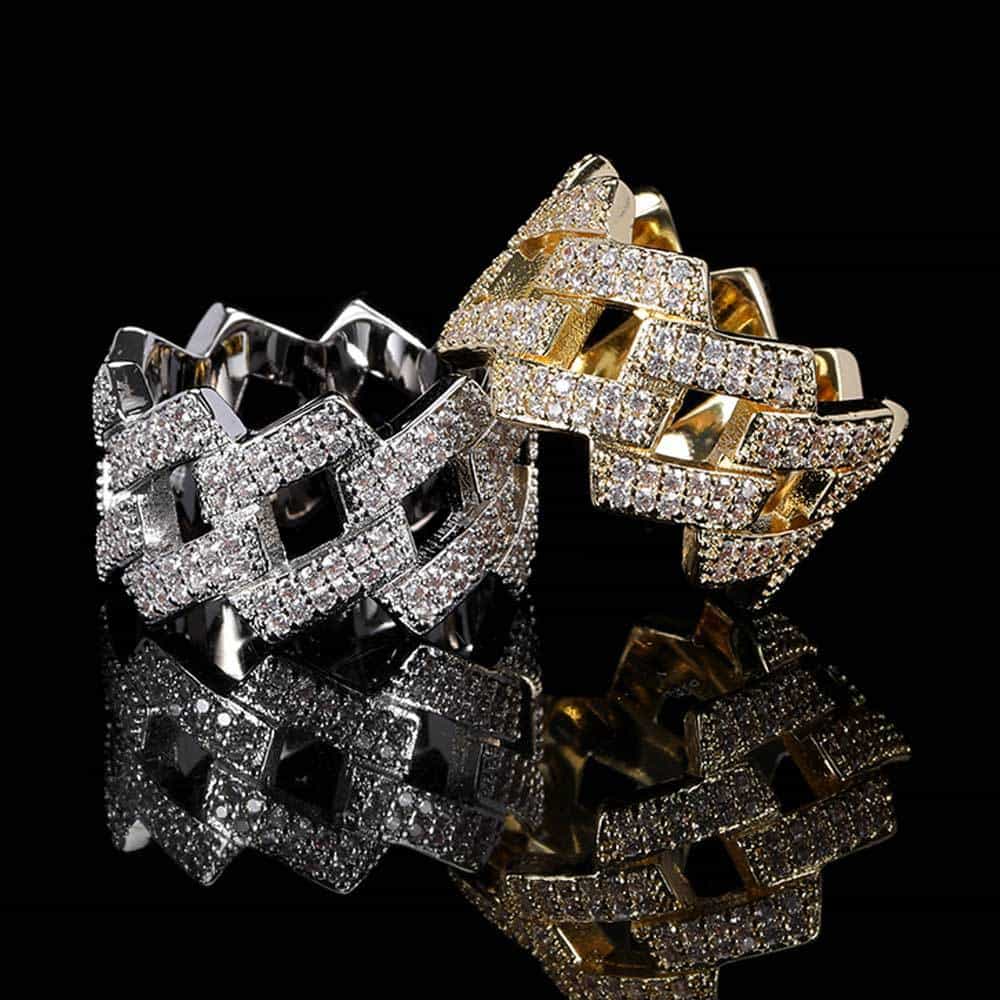 14mm Double - Row Diamond Rhombus Cuban Ring in 18K Gold - TONGSHOP