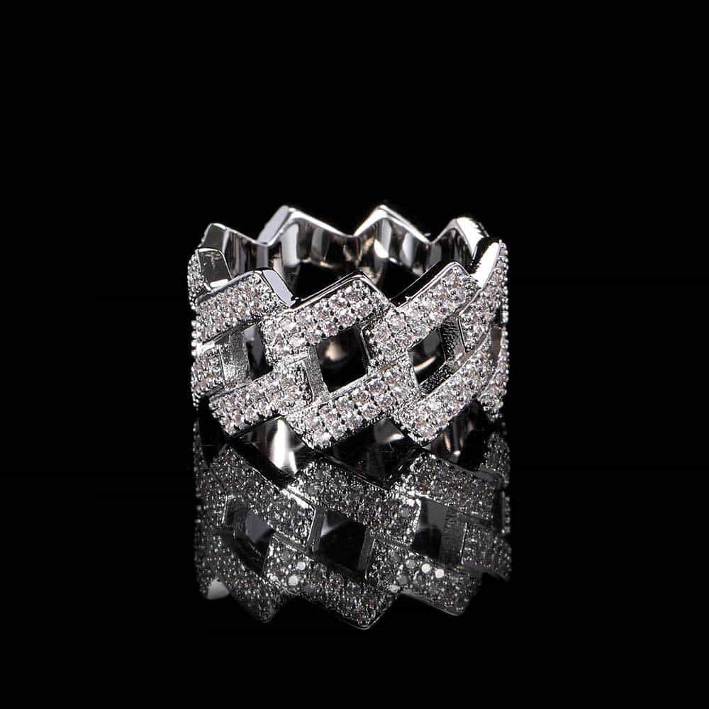 14mm Double - Row Diamond Rhombus Cuban Ring in 18K Gold - TONGSHOP