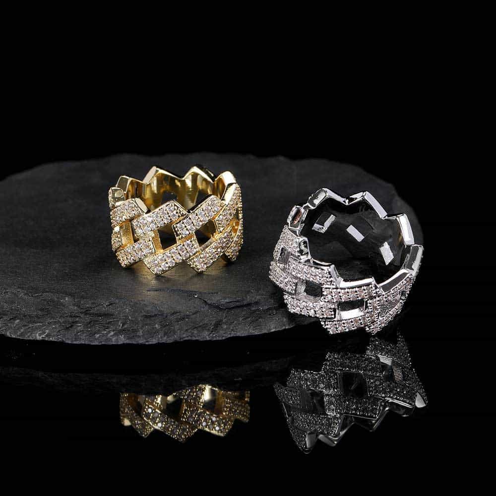 14mm Double - Row Diamond Rhombus Cuban Ring in 18K Gold - TONGSHOP