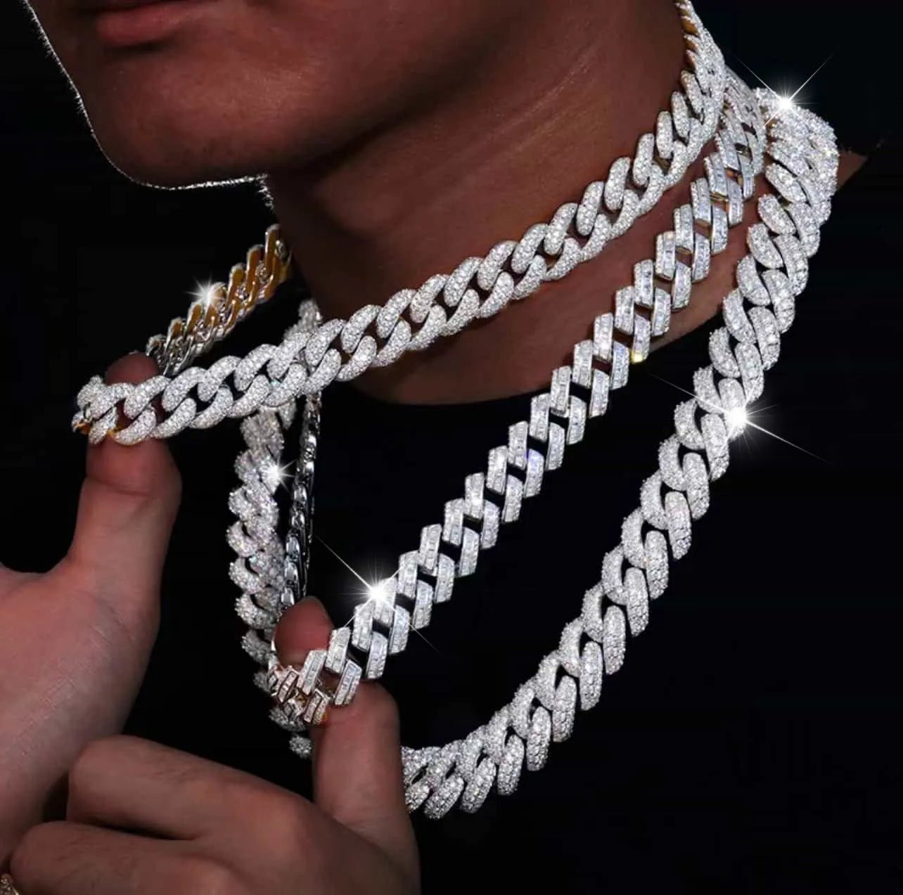 S925 VVS Moissanite Stacked Bubble Ice Cuban Chain - 15mm - TONGSHOP / Chain Type:Iced / Color:White Gold