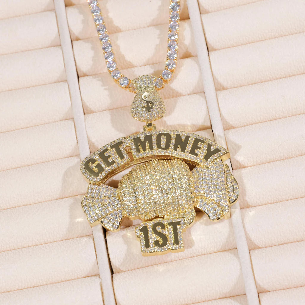 Get Money First Iced Necklace In 18k Gold