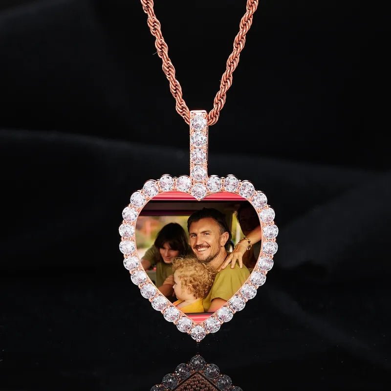 18K Gold Custom Photo Micro - Inlaid Heart Pendant - 40mm - TONGSHOP / Length:16 / Length:18