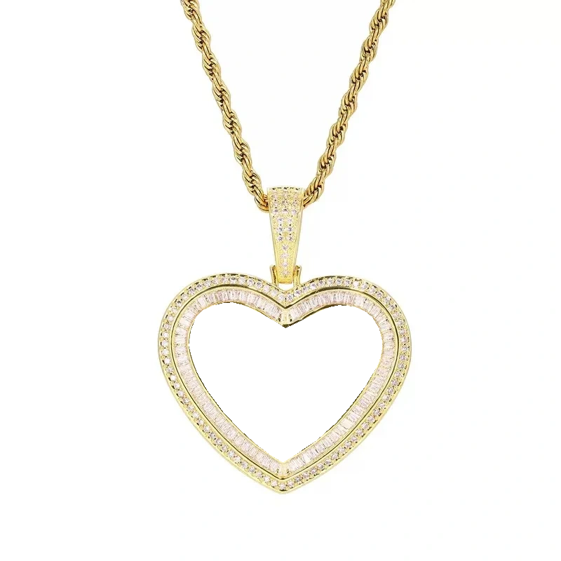 18K Gold Custom Photo Heart T-Shaped Diamond Pendant - 42mm
