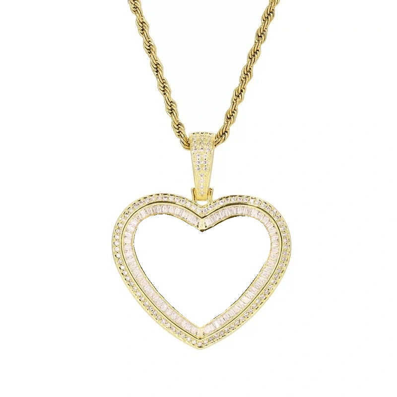 18K Gold Custom Photo Heart T - Shaped Diamond Pendant - 42mm - TONGSHOP / Length:16 / Length:18