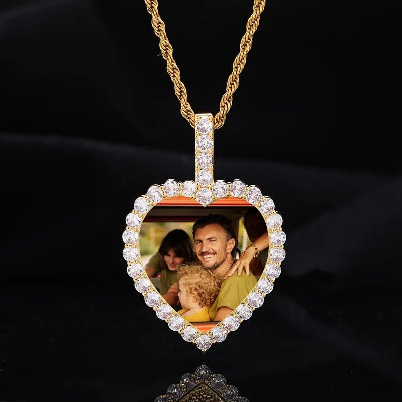 18K Gold Custom Photo Micro - Inlaid Heart Pendant - 40mm - TONGSHOP / Length:16 / Length:18