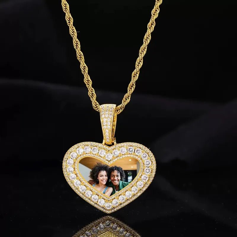 18K Gold Customized Photo Heart Pendant - 40mm - TONGSHOP / Length:16 / Length:18