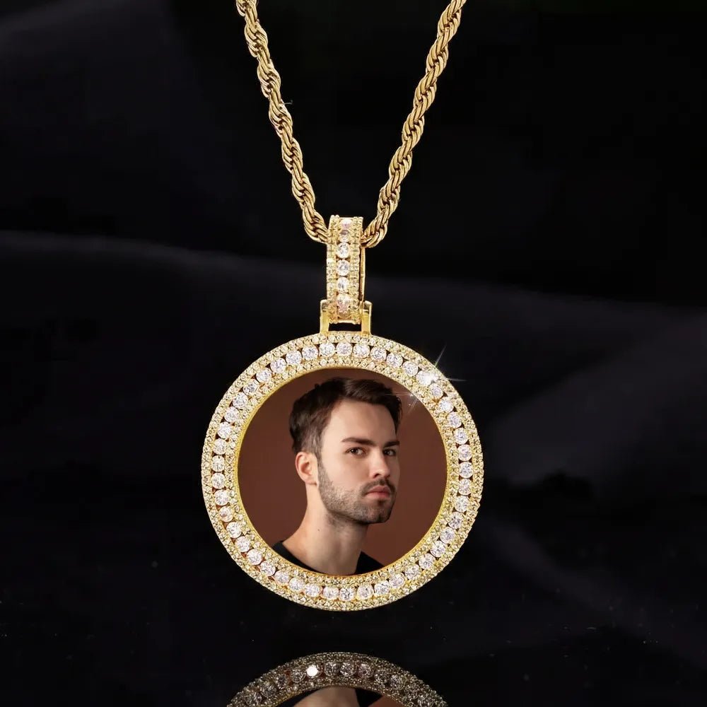 18k Gold Double Row Micro - Inlaid 3D Custom Photo Round Pendant - 40mm - TONGSHOP / Color:White Gold / Length:16 / Length:18