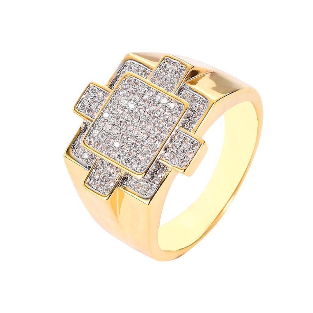 18K Gold Full Diamond Geometric Hip - Hop Ring - TONGSHOP
