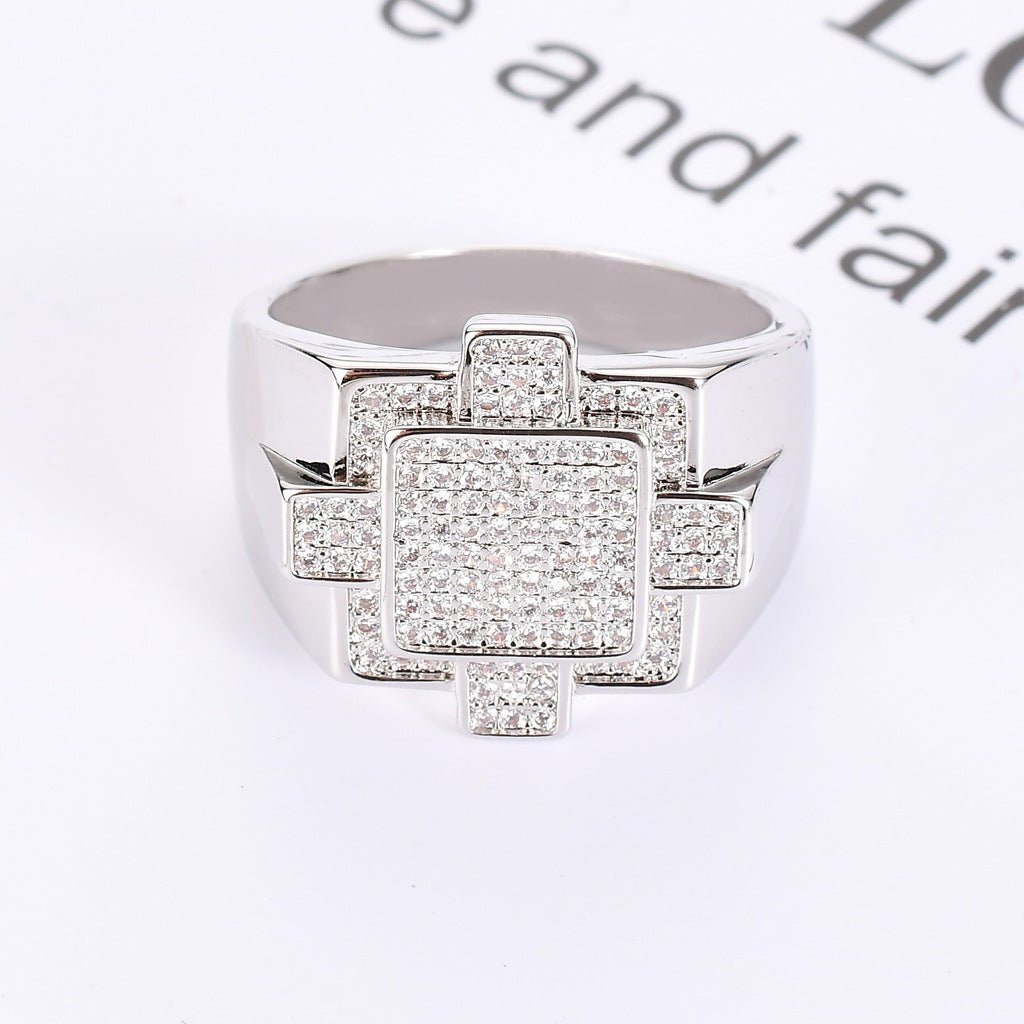 18K Gold Full Diamond Geometric Hip - Hop Ring - TONGSHOP