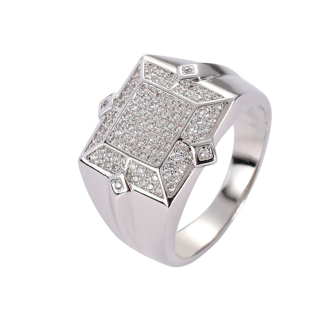 18K Gold Full Pave Square Diamond Hip - Hop Ring - TONGSHOP