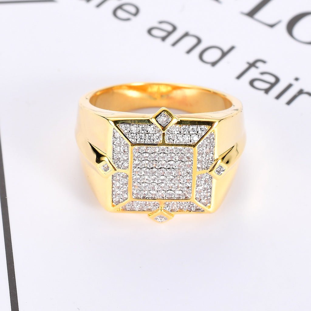 18K Gold Full Pave Square Diamond Hip - Hop Ring - TONGSHOP