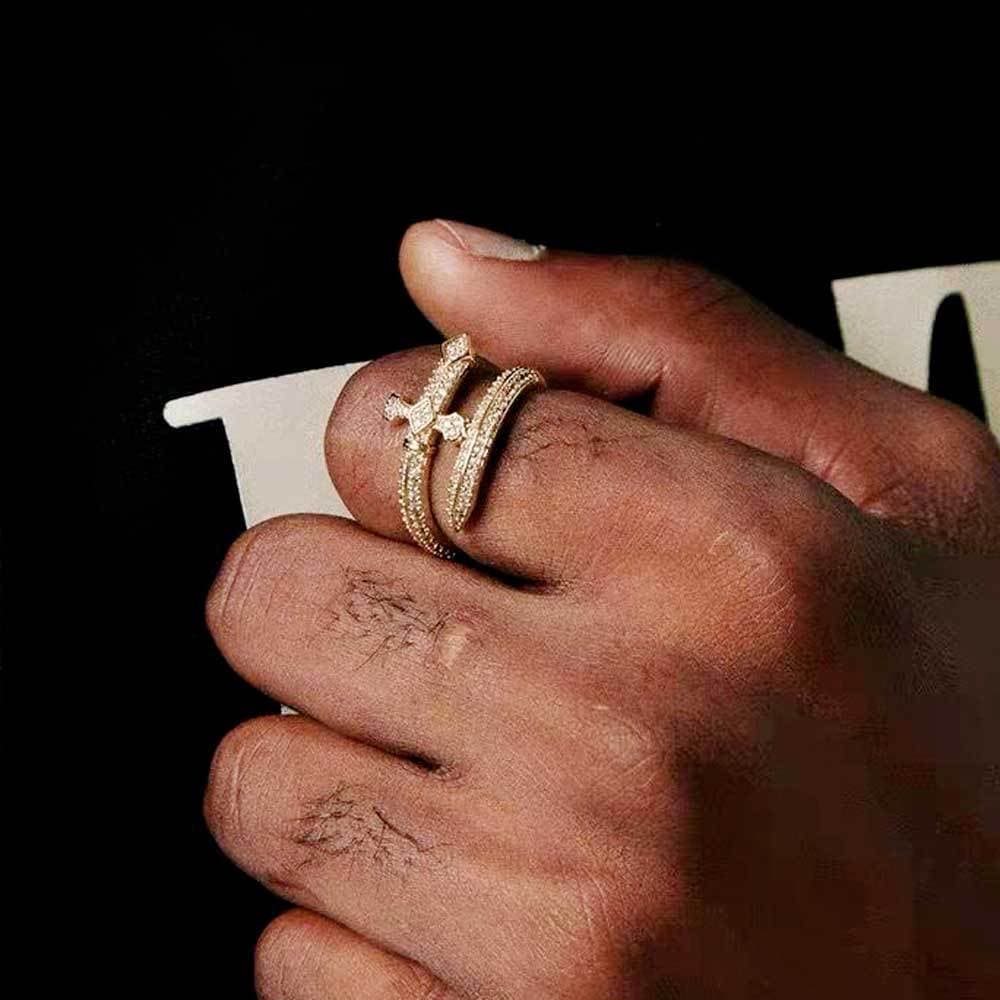 18K Gold Pave Diamond Sword Adjustable Ring - TONGSHOP