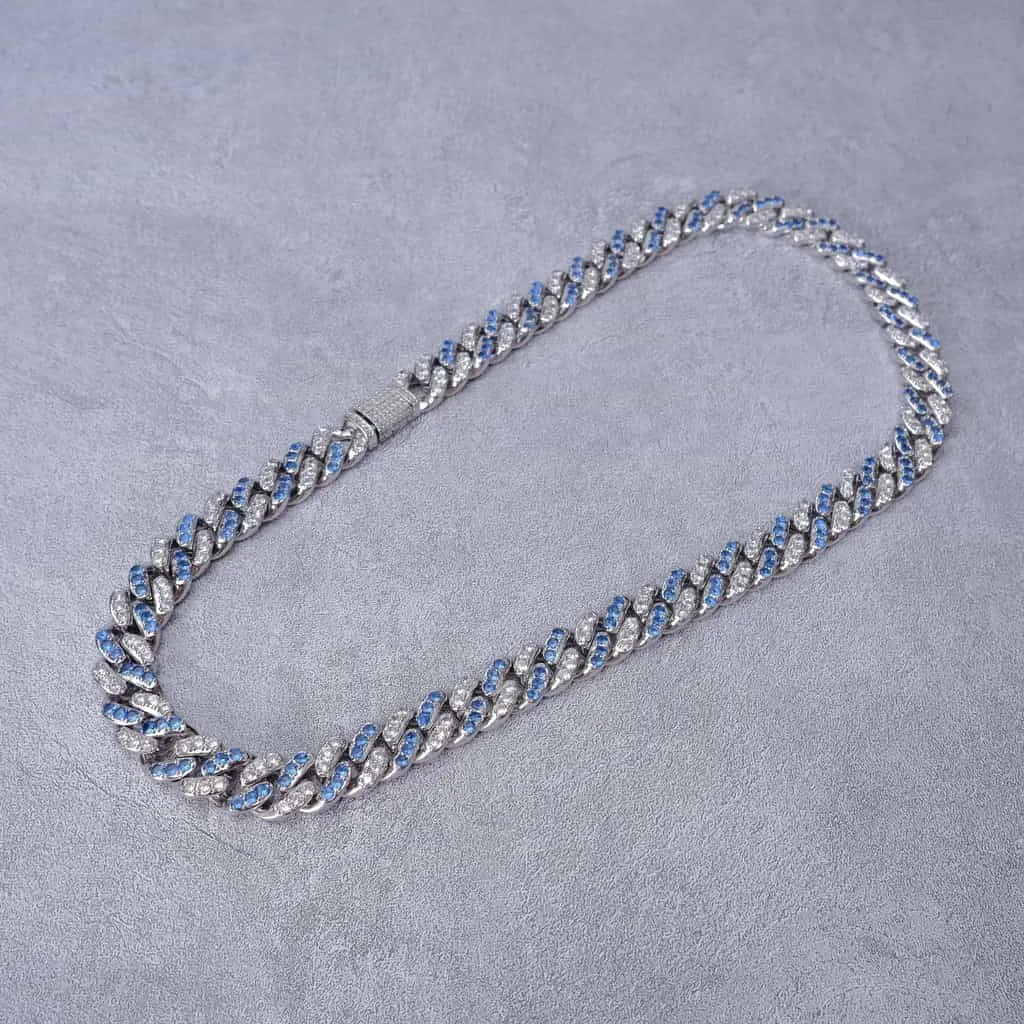 18k White Gold Blue Iced Cuban Chain - 13mm - TONGSHOP