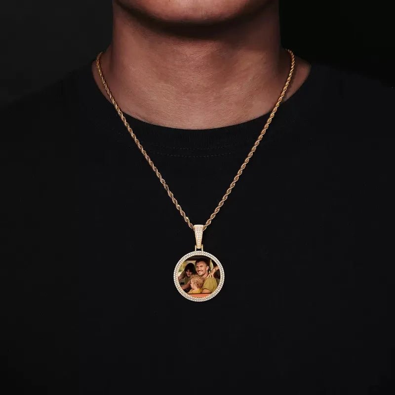 18k Gold Custom Photo Double Row Micro - Pavé Round Pendant - 37mm - TONGSHOP / Color:White Gold / Length:16 / Length:18
