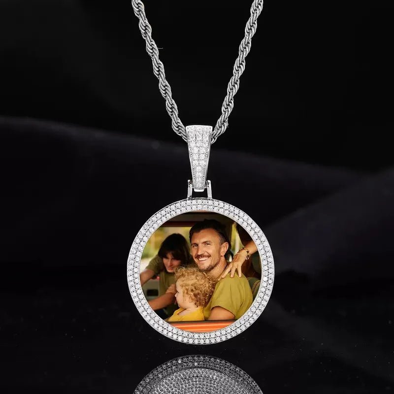 18k Gold Custom Photo Double Row Micro - Pavé Round Pendant - 37mm - TONGSHOP / Color:White Gold / Length:16 / Length:18