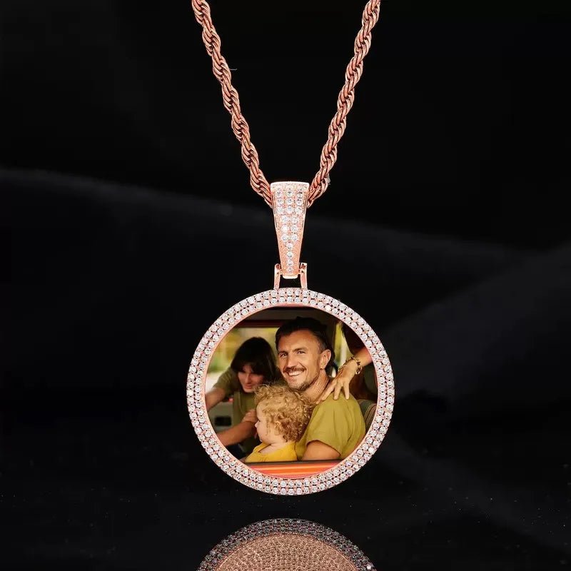 18k Gold Custom Photo Double Row Micro - Pavé Round Pendant - 37mm - TONGSHOP / Color:White Gold / Length:16 / Length:18