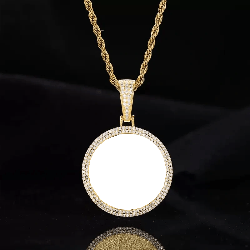 18k Gold Custom Photo Double Row Micro - Pavé Round Pendant - 37mm - TONGSHOP / Color:White Gold / Length:16 / Length:18