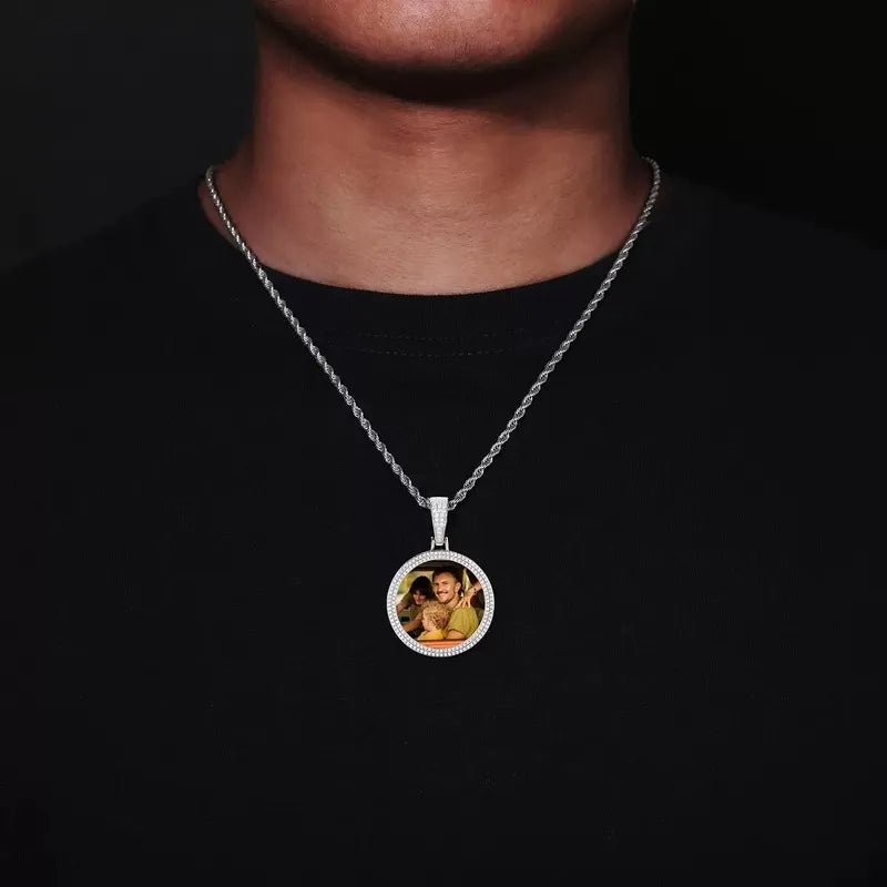 18k Gold Custom Photo Double Row Micro - Pavé Round Pendant - 37mm - TONGSHOP / Color:White Gold / Length:16 / Length:18
